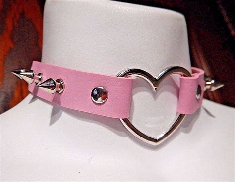 pastel pink spiked heart ring collar silver rivet choker punk necklace vinyl r2 cute jewelry