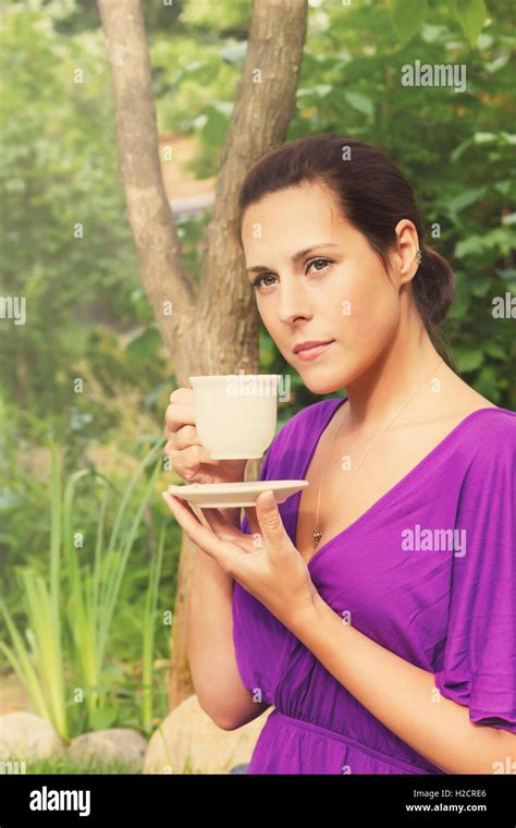Beautiful Young Woman Drinking Hot Coffee Outdoors Stock Photo Alamy