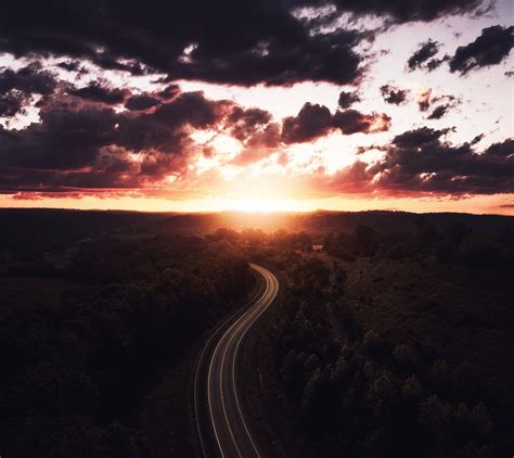 Wallpaper Road Sunset Sky Trees Forest Aerial View Hd Widescreen