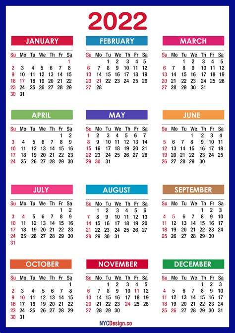 2022 Calendar With Holidays Printable Free Pdf Colorful Blue Green