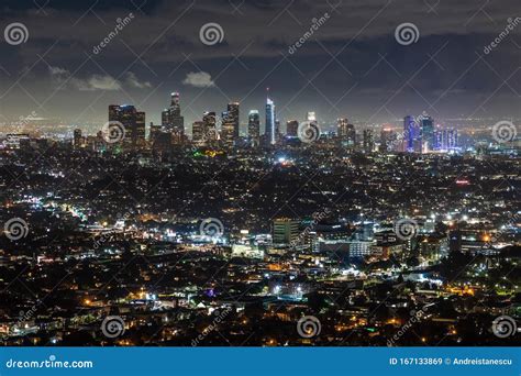 Aerial Night View Of Downtown Los Angeles Skyline California Stock