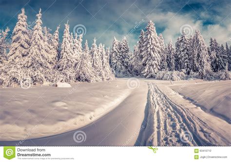 Snowy Winter Road In The Mountain Road Stock Photo