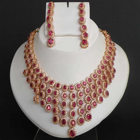 gold pl indian jaipur navratan designer bridal jewelry ruby necklace set