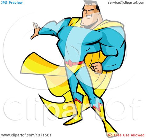 Clipart Of A Buff White Male Super Hero Holding Out A Hand Royalty