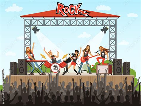rock band on stage people on concert music performance vector illustration in cartoon style