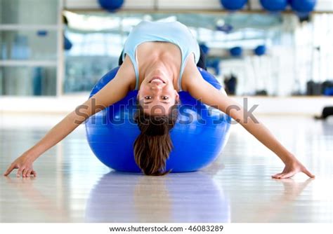 Gym Woman Bending Backwards Over Pilates Stock Photo 46083289
