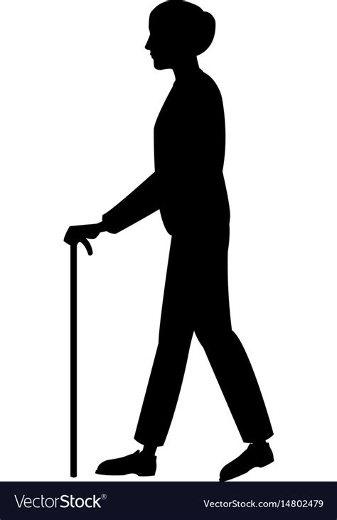 Elderly People With Cane Walking Silhouette Vector Image