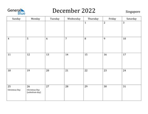 Singapore December 2022 Calendar With Holidays