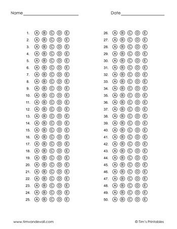 Answer Sheet Templates Tim S Printables