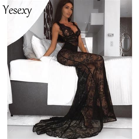 yesexy 2021 women sexy spring and summer deep v off shoulder backless lace dress female see