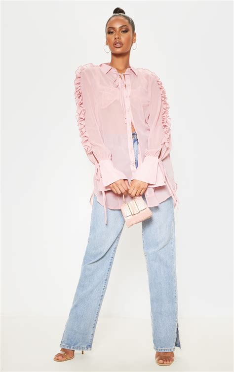 Pink Chiffon Ruffle Sleeve Blouse Tops Prettylittlething