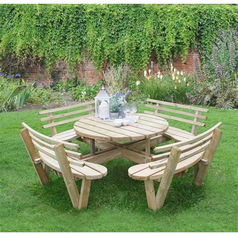8 Seater Wooden Circular Picnic Table Attached Chairs With Backs Pure