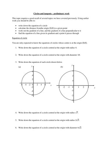Worksheets On The Equation Of A Circle And Tangents To A Circle Gcse