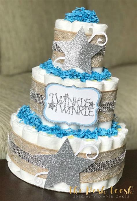 Twinkle Twinkle Little Star Diaper Cake Burlap Lace Blue Silver Boy