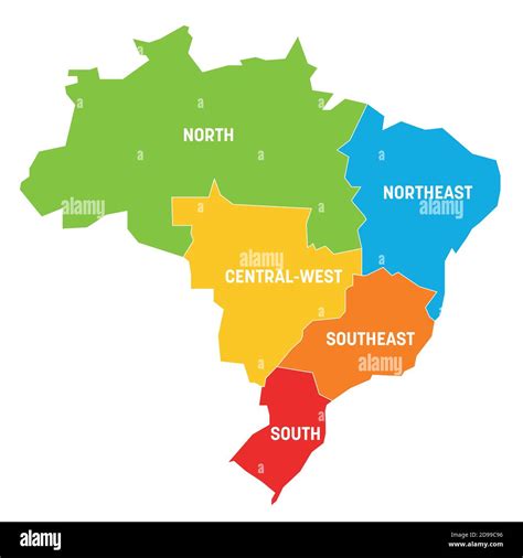 colorful political map of brazil states divide by color into 5 regions simple flat vector map