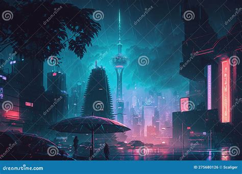Cyberpunk Neon City At Night Futuristic Buildings And Tv Tower In Rain