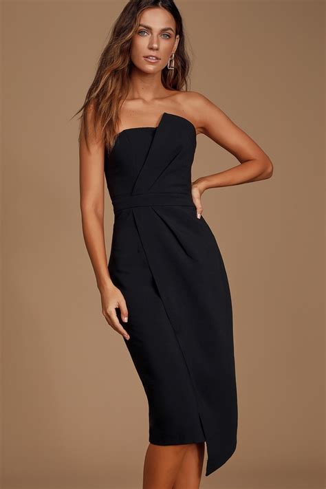 Sexy Black Dress Strapless Midi Dress Faux Wrap Dress Lulus