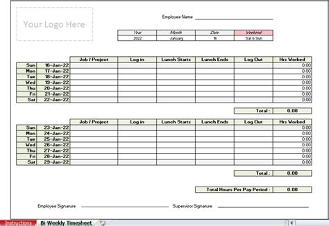 Bi Weekly Employee Timesheet Template Excel With Training Etsy