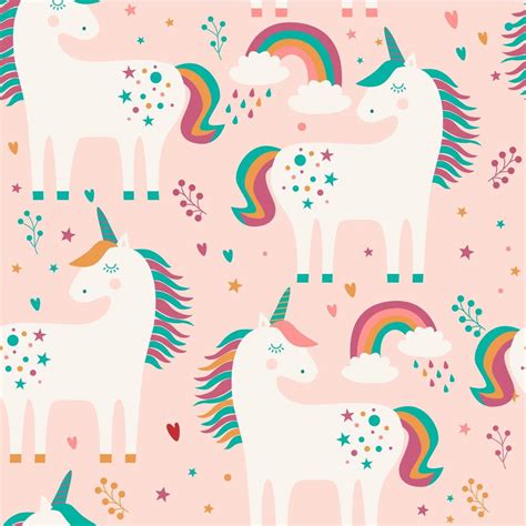 Seamless Pattern With Unicorns Rainbow And Stars On Pink Background