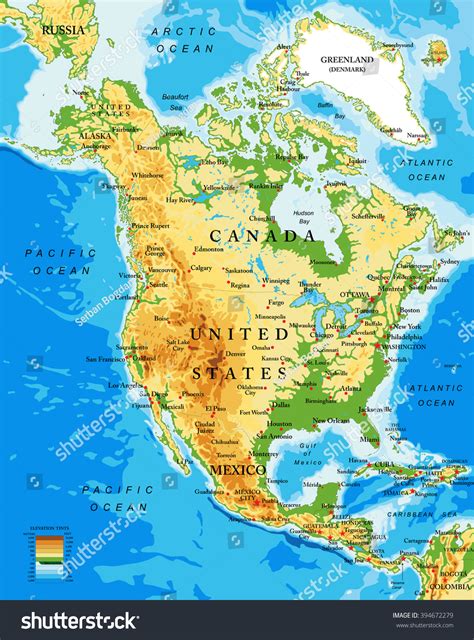 Physical Map Of North America Royalty Free Stock Vector 394672279