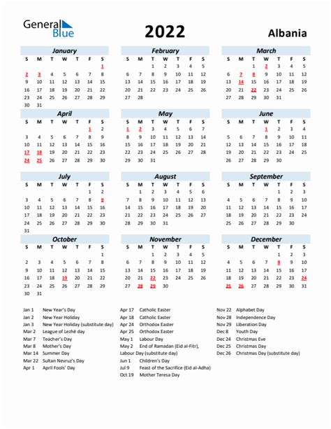 2022 Albania Calendar With Holidays