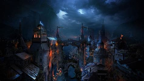 Grey Castle Illustration Fantasy Art Cityscape City Night Mostar