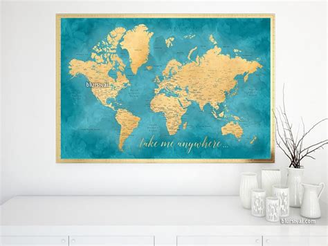 Printable Teal And Gold World Map With Cities 36x24 Take Me Anywhere