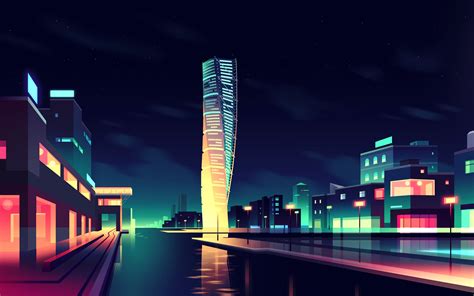 Romain Trystram Cityscape Night Lights Building Reflection