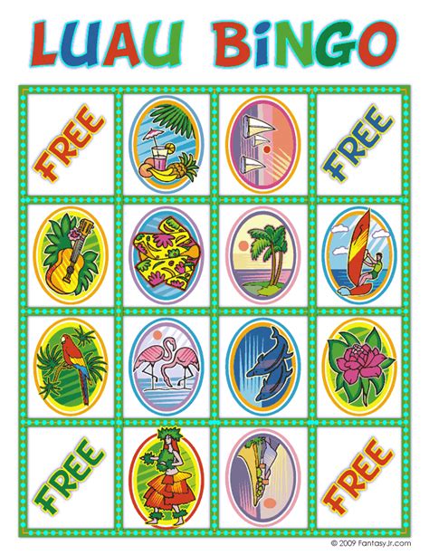 Butterflies and birds are flying and singing over the grass. Luau Bingo Card 10 | Woo! Jr. Kids Activities