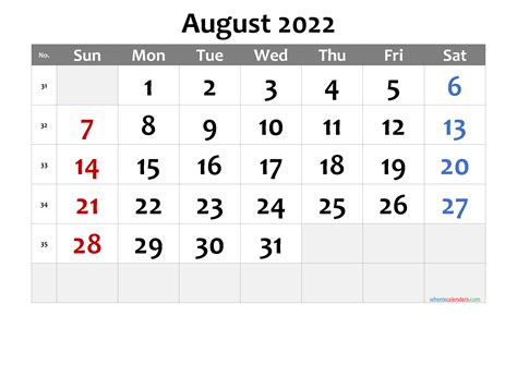 August 2022 Printable Calendar 6 Templates