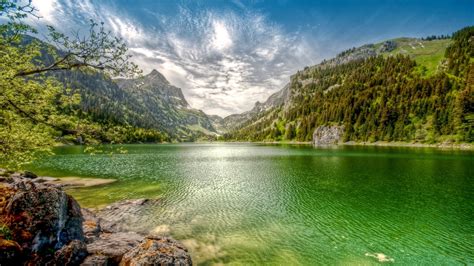 Nature Landscape Lake Mountain Forest Clouds Summer Emerald