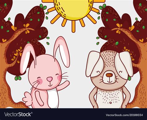 Bunny And Dog In Forest Doodle Cartoons Royalty Free Vector