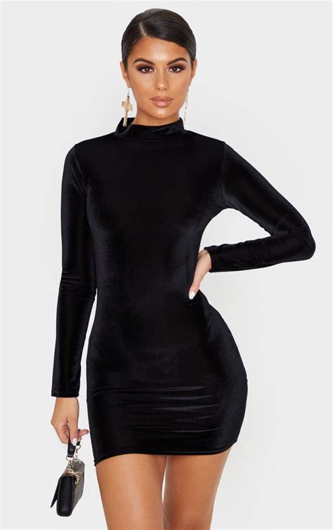 Black Velvet Rib Long Sleeve High Neck Bodycon Dress Dresses From £
