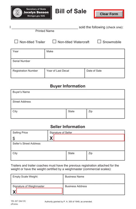 free michigan motor vehicle bill of sale form tr 207