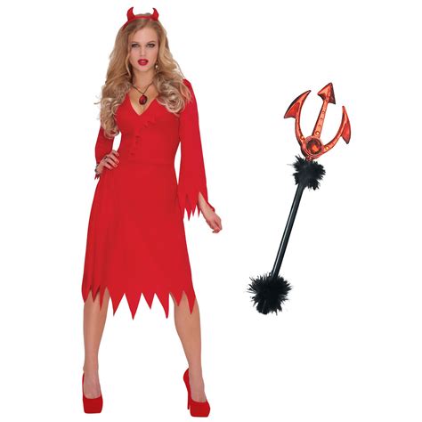 Adult Ladies Sexy Red Hot Devil Halloween Horns Pitchfork Fancy Dress Costume Uk Ebay