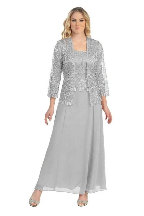 Custom Gown Plus Size 14w 28w Silver Mother Of The Bride Dress Suits Lace Jacket With Chiffon