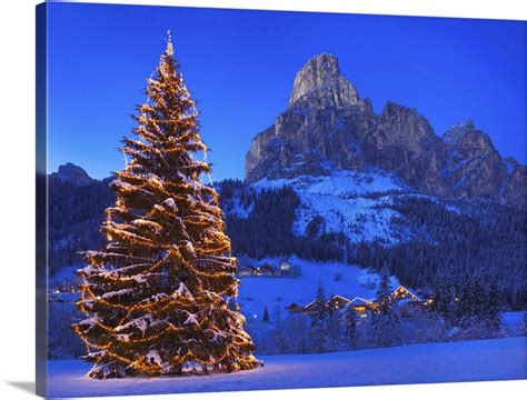 Italy Corvara Christmas Tree With Sass Songher Mountain In The