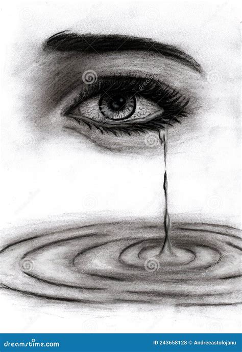 Charcoal Drawing Of An Eye From Which Tears Flow Into The Water