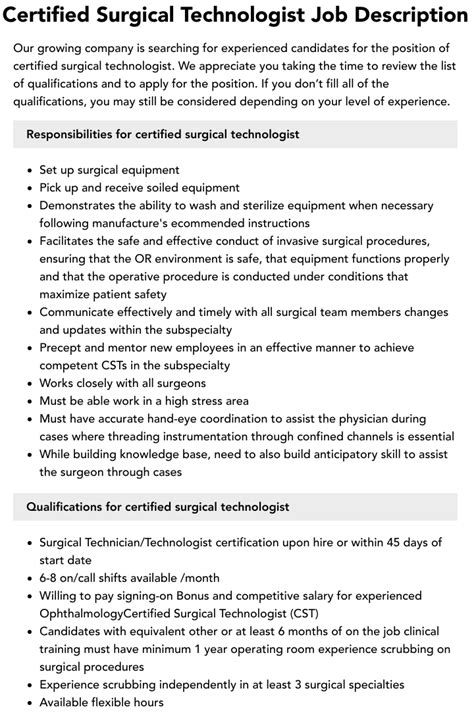 Certified Surgical Technologist Job Description Velvet Jobs