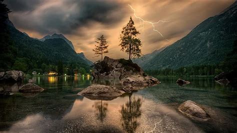 Nature Waters Lake Island Landscape Thunderstorm Tree Clouds