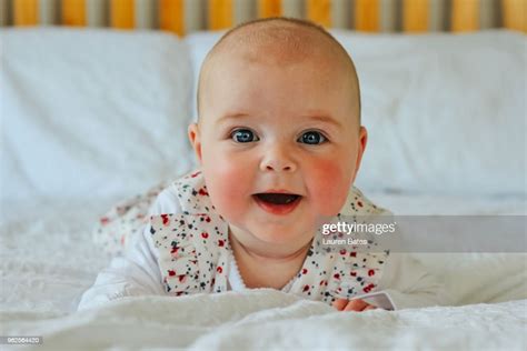 Smiling Baby Lying On Her Stomach High Res Stock Photo Getty Images