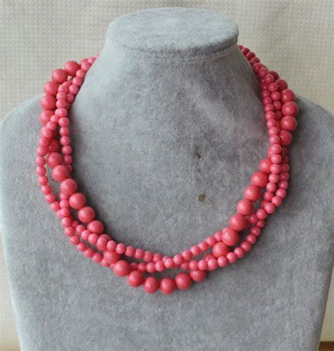 Pink Coral Bead Necklace Triple Strands Coral Pearl Necklace Statement
