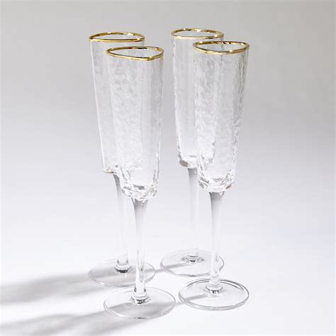 Global Views S 4 Hammered Champagne Glasses Clear W Gold Rim — Grayson Living