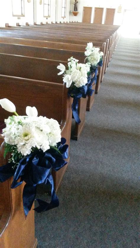 Pew Decorwhite Flowers With Navy Blue Ribbon Blue Wedding