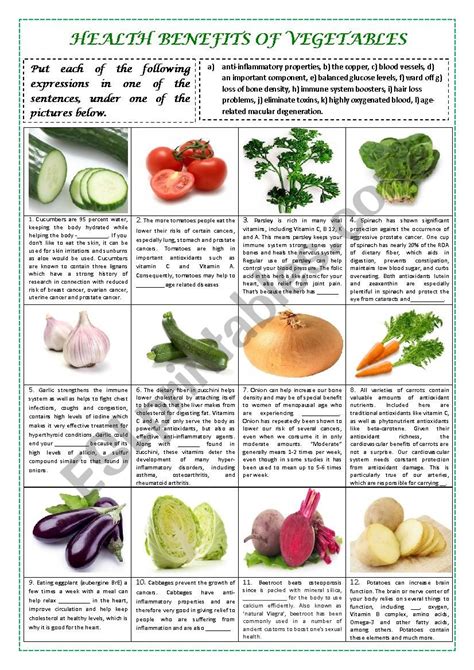 health benefits of vegetables part 1 plus key esl worksheet by alexcure