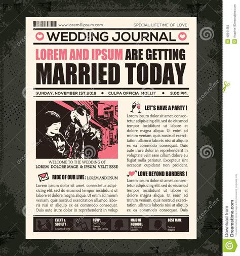 newspaper wedding invitation design template stock vector