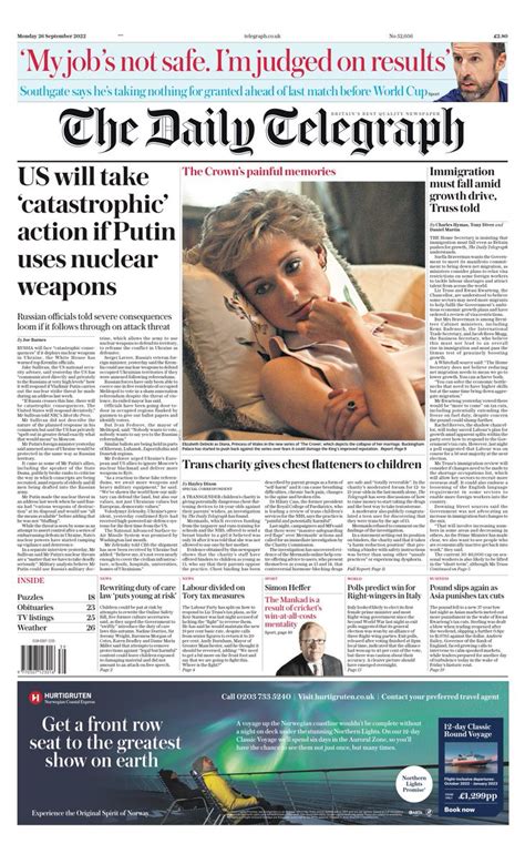 Daily Telegraph Front Page 26th Of September 2022 Tomorrow S Papers