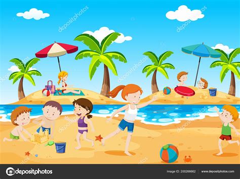Niños Jugando Playa Verano Ilustración Stock Vector By ©blueringmedia