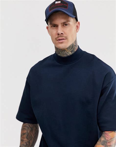 Asos Design Short Sleeve Oversized Turtle Neck Sweatshirt In Navy Asos Mens Stylish T Shirts
