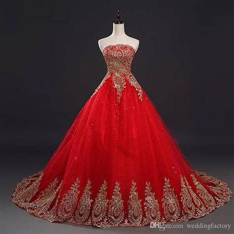 Discount Red And Gold Wedding Dress Sequined Tulle A Line Strapless